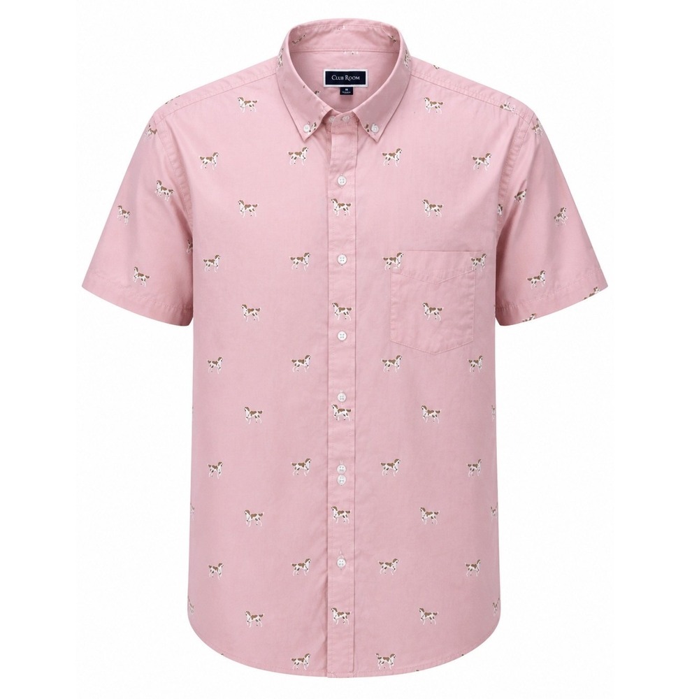 Club Room Dog Print Shirt Mens Large Short Sleeve Pink Cotton Regular Fit Modern